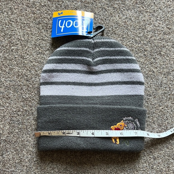 NWT 2000s Vintage Winnie The Pooh Grey Stripe Knit Beanie Embroidered Cuffed Y2K - Picture 7 of 9